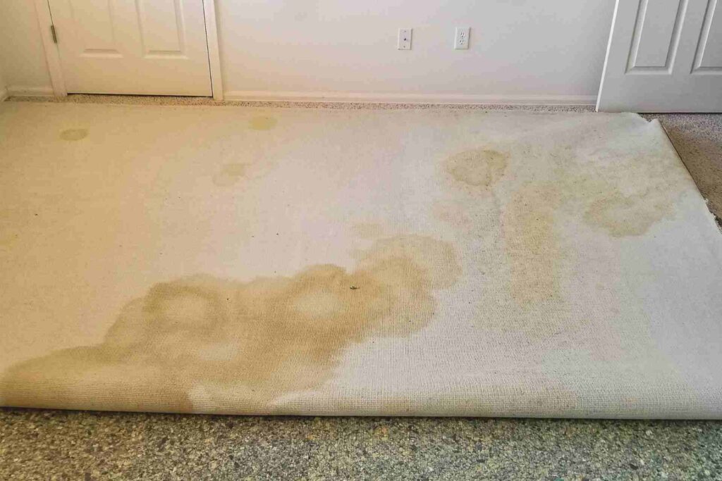 A stained carpet featuring a water mark, illustrating the persistent nature of tough stains on flooring materials.