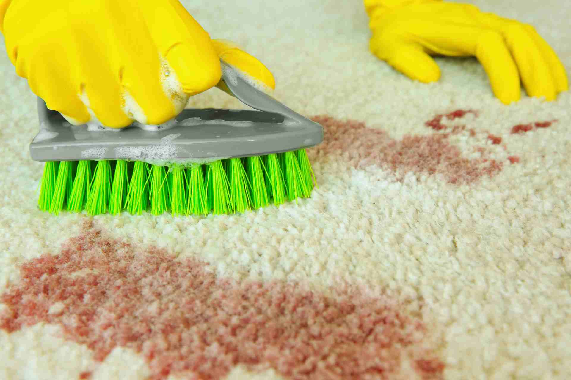 A person wearing gloves cleans a carpet focusing on removing dirt and stains effectively.