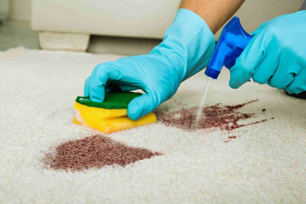 A person operates a carpet cleaner to remove stains and dirt from a carpet, ensuring a thorough cleaning process.