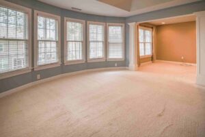 An empty room featuring carpeted flooring and large windows allowing natural light to enter.