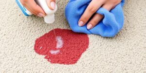 Person cleaning carpet stain with cloth and cleaner.