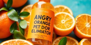 Close-up of Angry Orange bottle with fresh oranges.